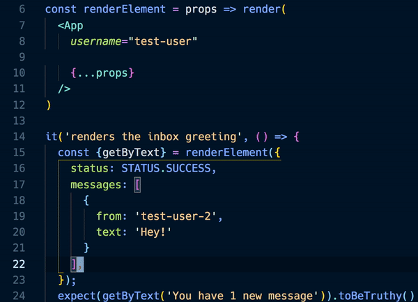 Animated demonstration moving default props in and out of a test helper and using the extension to switch between JSX props syntax and Object entries syntax